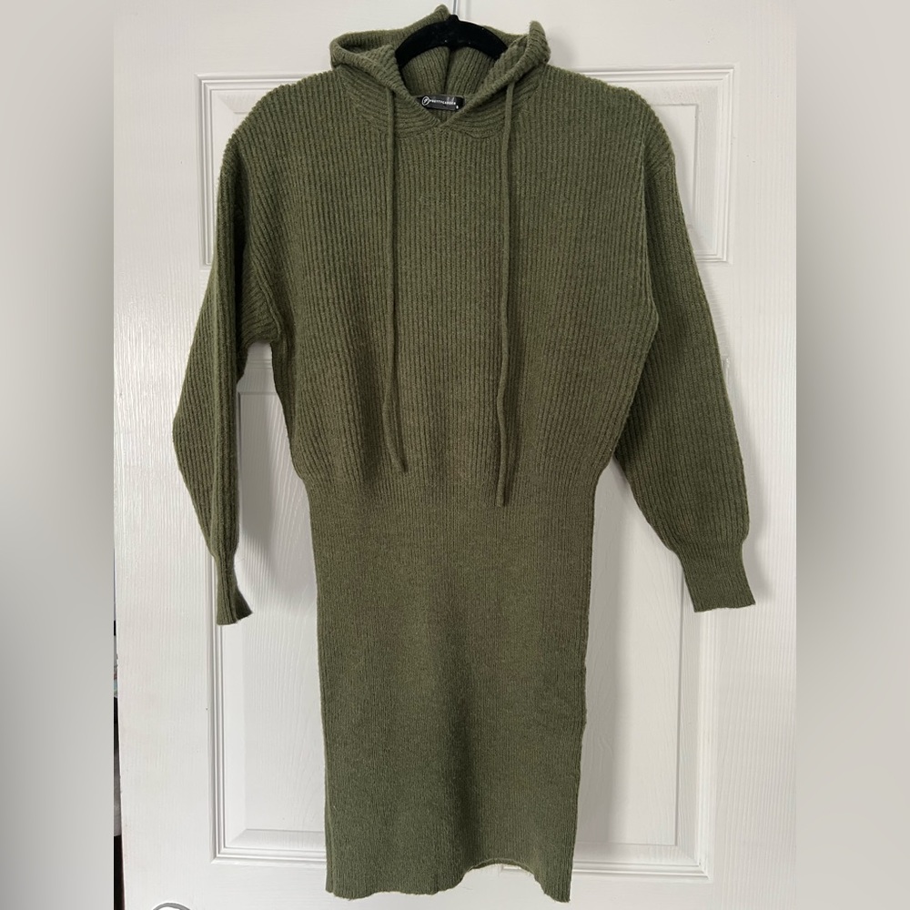 Army green hooded sweater dress.